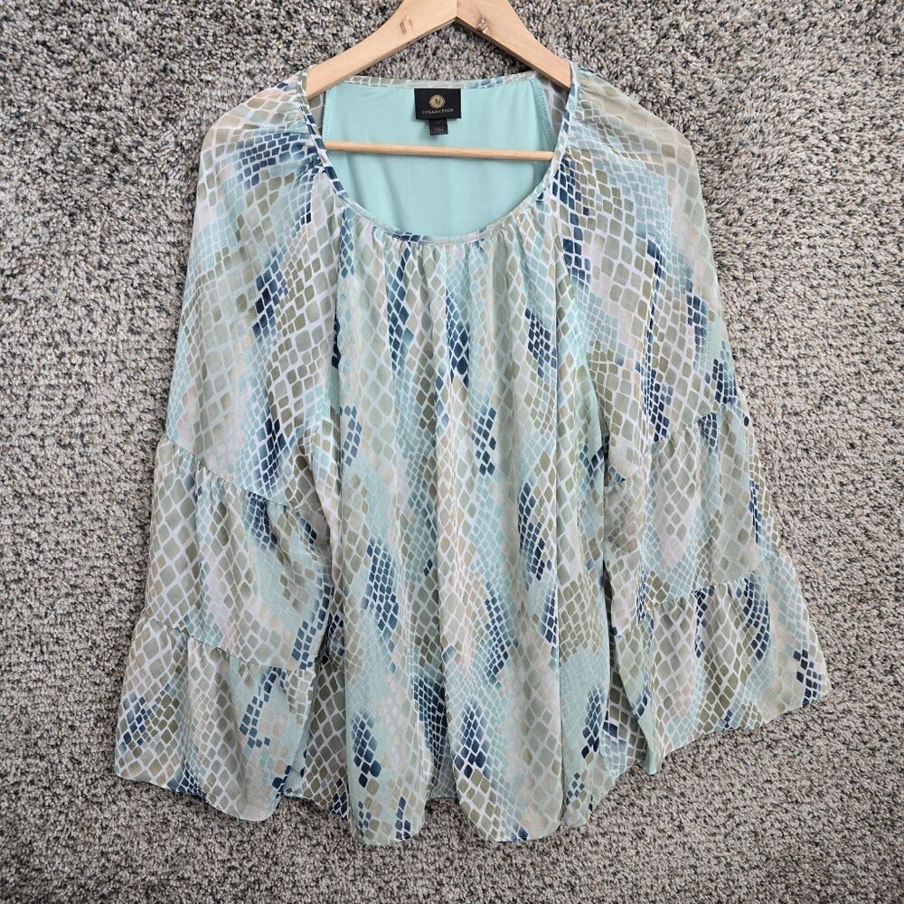 JM Collection Top Womens Large Scoop Neck‎ Peasant Blouse Teal Casual Ladies